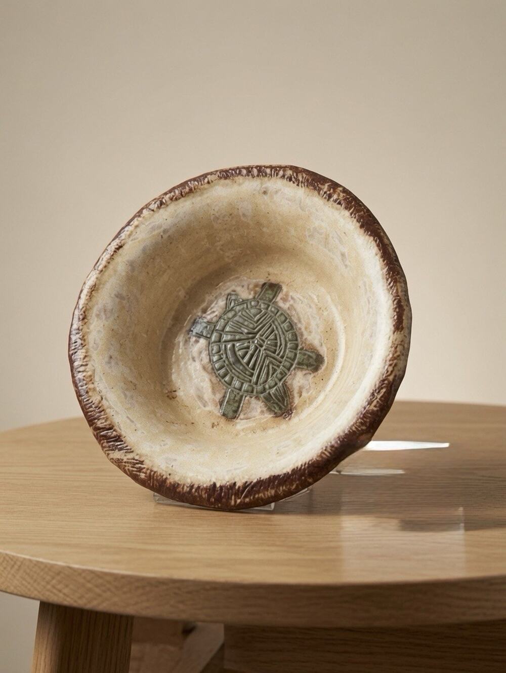 Artisian Ceramic Round Bowl, Beige & Brown Turtle Pattern, Impressed Backstamp